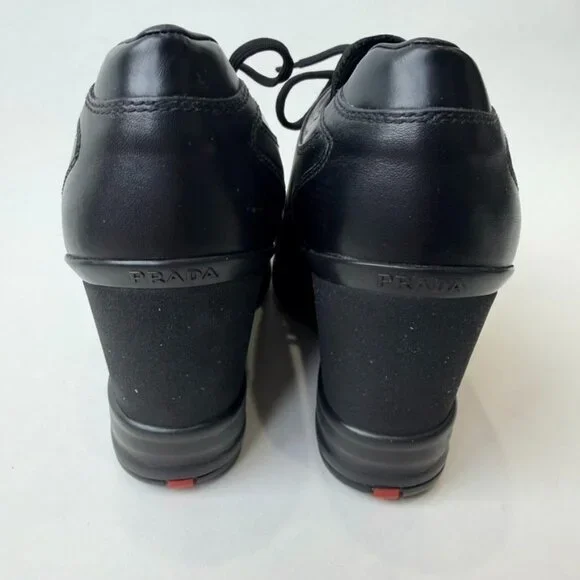 Prada Sport Leather Wedge Sneakers Black Women’s Size 37.5 - Picture 5 of 11